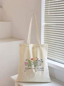 1 pieza Bolso de lona beige de moda, estampado de retazos de pintura al óleo, bolso de compras portátil para exteriores
