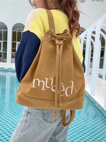 Mochila Saco com Cordão Estampa de Letra Casual na Moda, Mochila de Viagem e Férias