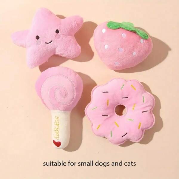 Set de 4 juguetes de peluche con chirrido para perros pequeños y gatos - diseños de piruleta, estrella, dona y fresa - compañeros de juego e interactivos para dormir, juguetes para perros, juguete para masticar para perros, suministros interactivos