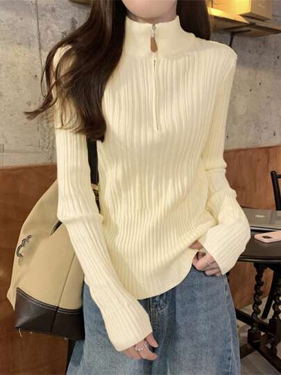 Women's Zip-Up Turtleneck Knitted Sweater Top, High-End, Long Sleeve, Layering Design, Fashionable, Autumn/Winter