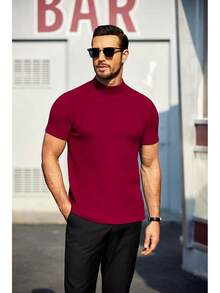 Mens Mock Turtleneck Sweater Short Sleeve Turtle Neck Sweaters Casual Ribbed Knitted Pullover Tops Solid Basic Tee - Đỏ sẫm - Xem 3