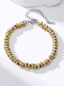 1pc Stainless Steel Beaded Bracelet, Dual-Tone, Personalized Design, Suitable For Daily Wear - Gold and Silver - View 5
