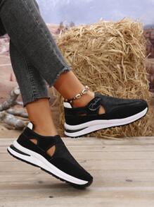 Women's New Round Toe Thick Sole Casual Sports Walking Shoes, Mesh Fabric Upper For Comfort & Breathability, Hook And Loop Design For Easy On/Off, Non-Slip & Durable Outsole, Fashionable & Versatile For Daily Casual, Running, Hiking, Walking