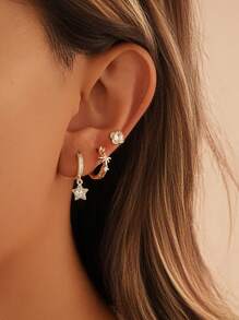 Set de 3 pares de aretes: Pendientes diminutos con estética Y2K, abrazaderas con estallido celestial, pendientes de flor, dije de estrella con pavé de CZ, aleación chapada en oro de 14k, hipoalergénico, kit para apilar en las orejas para amantes de la joyería de moda, accesorio casual con brillo
