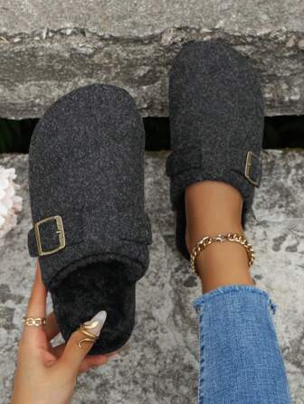 Women's Warm Plush Slip-On Slippers, Casual Fashion Versatile Mules For Autumn And Winter