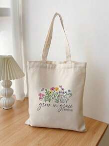 1 pieza Bolso de lona beige de moda, estampado de retazos de pintura al óleo, bolso de compras portátil para exteriores