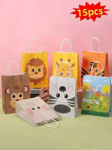 2/4/12pcs Kraft Paper Bags With Handles, Cartoon Animal Designs (Elephant, Monkey, Lion, Giraffe), Suitable For Gift Packaging, Party Favors, Retail Stores, Wedding Decorations, Birthdays, Valentine's Day, Reusable Shopping Bags - Multicolor - View 11