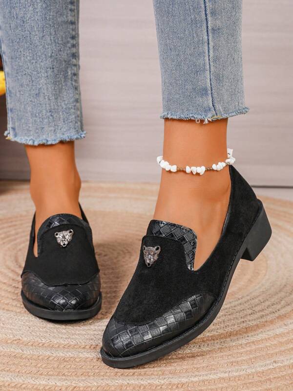 New Casual Comfortable Suede Spliced Loafers, Fashion Versatile Low Chunky Heel Formal Geometric Patterned Oxfords For Women, Suitable For All Seasons, Wedding, Party And Daily Wear