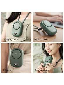 1pc Rechargeable 2000mAh Fashionable Neck Hanging Fan, Holiday Essentials, Silent And Long-Lasting Waist Hanging Fan, Adjustable Wind Speed In 3 Gears,With Neck Rope - Green - View 5