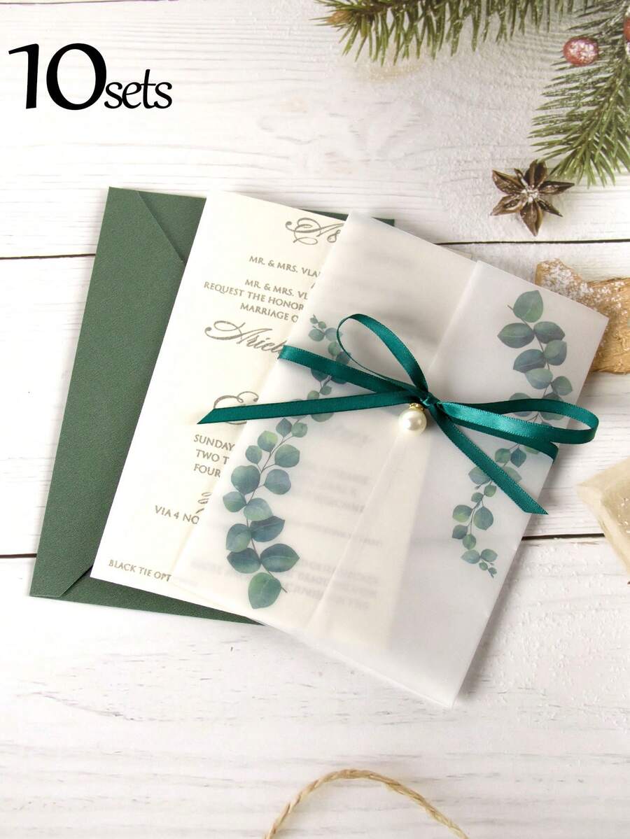 10 Bộ Thiệp Mời Đám Cưới Màu Xanh Lá Cây Trong Suốt, Bao Gồm Thiệp Trống, Trang Trí Ngọc Trai Và Phong Bì, Thích Hợp Cho Đám Cưới Theo Chủ Đề Màu Xanh Lá Cây Mộc Mạc, Sự Kiện Tiệc Tùng, Giáng Sinh Và Nhiều Hoạt Động Ngày Lễ Khác - Nhiều màu - Xem 1