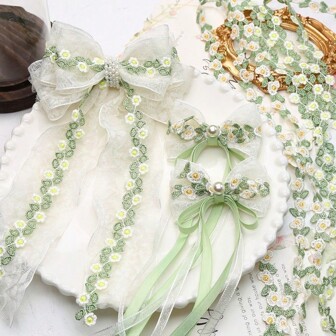 Adorno de encaje con bordado floral verde estilo francés chic, suministros de manualidades DIY para textiles del hogar y accesorios de vestir