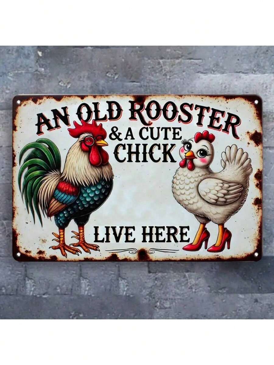 1 件复古金属装饰标牌“这里住着一只公鸡和一只可爱的小鸡” - 多用途壁挂锡牌，适用于家庭、酒吧、咖啡厅、花园、农舍 - 耐候、预钻孔、英国幽默锡标牌礼物，8x12 英寸 - 适用于庭院、街道、商场、车库、男人窝、卧室、随机风格 - 彩色 - 查看 1