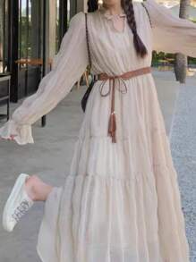 NIUKUAN 1pc Women's Brown Hollow Out Extra Long Waist Rope, Handmade Waist Belt, Suitable For Dresses, Vintage Hanfu Accessory