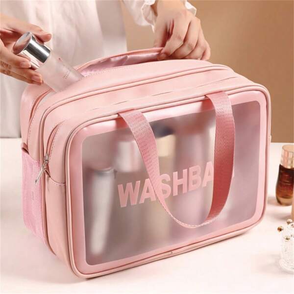 1pc Black PU Dry And Wet Separation Clear Wash Bag Portable Waterproof Double Layer Organizer Toiletry Travel Bag Large Capacity Multi-Function Transparency PVC Storage Makeup Bag For Bathroom Portable Dry And Wet Separation Swimming Fitness Bag For Men And Women