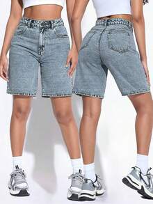Quần short Bermuda cạp cao dành cho nữ, kiểu dáng rộng rãi, thời trang thường ngày. - Màu xanh lam - Xem 1
