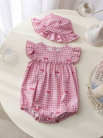 2pcs/Set Newborn Baby Girl Cute Fashionable Sleeveless Bodysuit And Hat Set, Summer