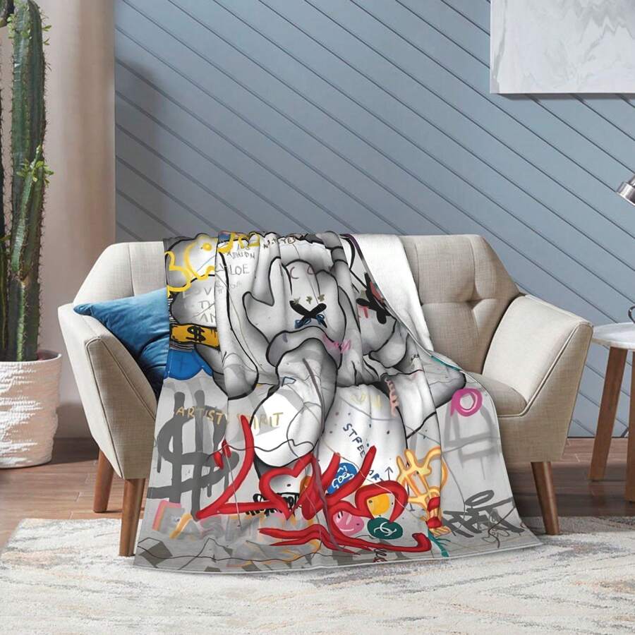 Kawss Kawaii Kaw Flannel Blanket Super Soft And Comfortable Print Blanket Lightweight Four Seasons Double-Layer Blanket Suitable For Sofa Bedroom Bedding - 黑色 - 查看 1