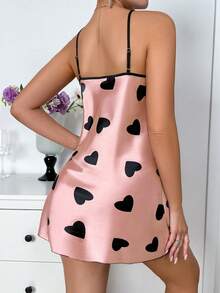 V-Neck Lace Trim Heart Print Sleepshirt, Backless Nightgown Mini Dress, Women Lingerie And Nightdress - Valentine's Day Gift