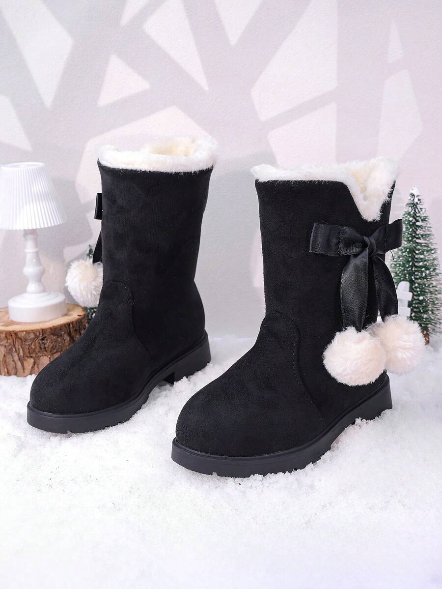 زوج من بوت الأطفال متوسطة الساق مزينة بفيونكة، بطانة من الفرو الصناعي، وظيفة دافئة، متوسطة الارتفاع، كعب مسطح، طراز أزياء، باللون البني مناسبة للموسم البارد