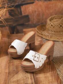 2025 New Style Women Shoes High Chunky Heels Ladies Sandals Animal Print Lizard Texture Metal Rivets Retro Mules Platform - White - View 3