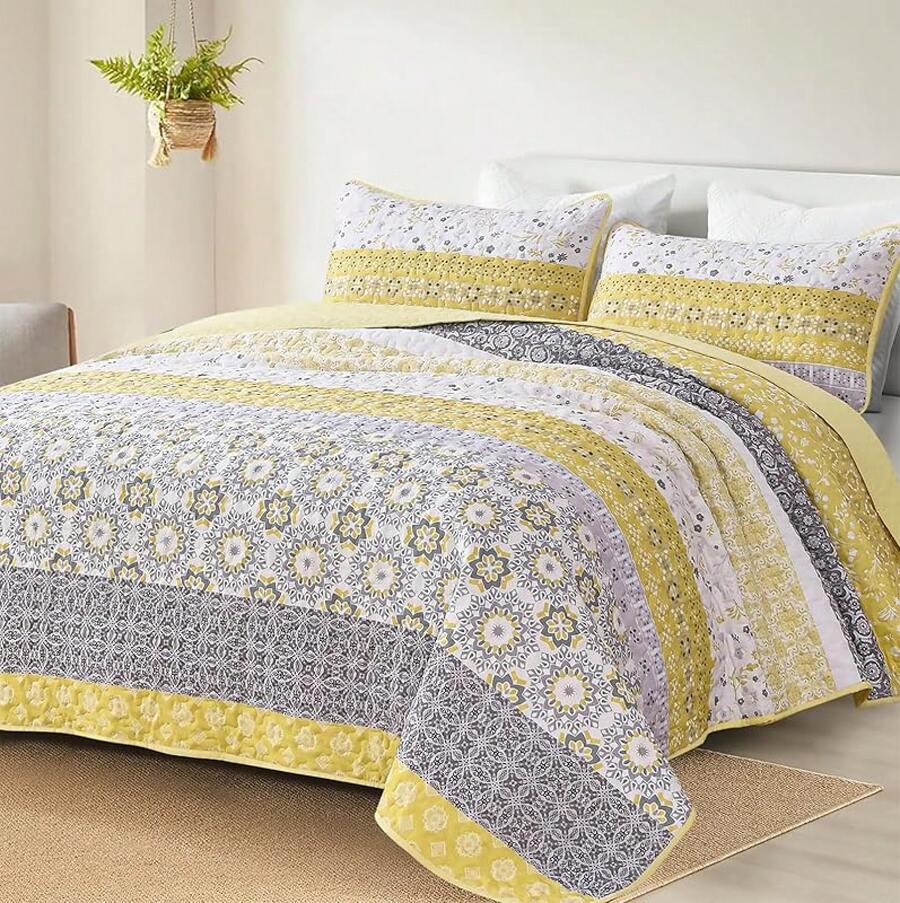 Boho Quilt Set California King, Yellow Bohemian Striped Patchwork Bedspread Coverlet Set With 2 Pillowcases, Lightweight Microfiber Floral Bedding Set 106*96, Bohemian Style - Màu vàng - Xem 1
