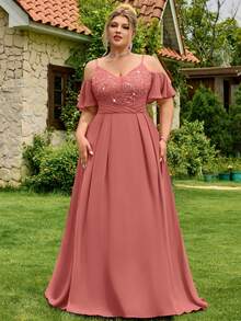 Plus Size Deep V-Neck Spaghetti Strap Sequin Floral Lace Patchwork Cold-Shoulder Contrast Ruffle Waist Chiffon Maxi Dress, Formal Evening Party, Homecoming, Wedding Guest, Formal Occasion - Dusty Pink - View 6