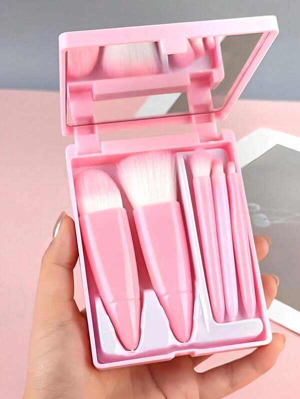 5 Pieces, Convenient Makeup Brush Set With Dressing Mirror, Convenient For Traveling, Plastic Brush Handle, Comfortable And Soft Grip, Foundation Powder, Smudge Eyeshadow Brush, Lip Brush, Small And Exquisite Facial Makeup Tools, As A Gift For Friends