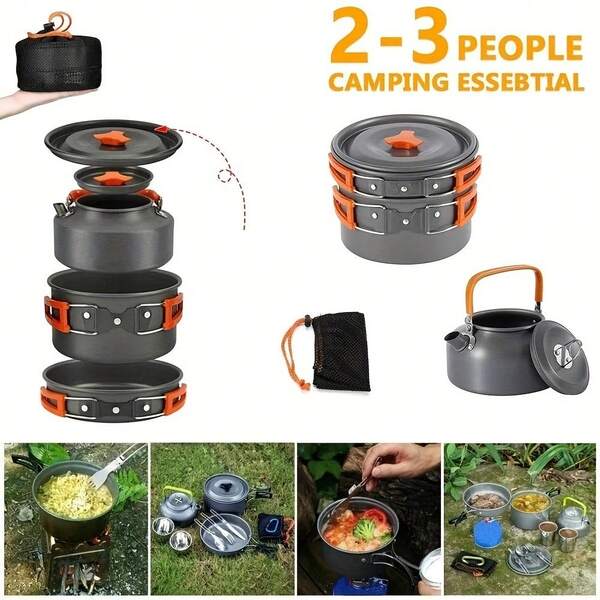 Outdoor Camping Portable Cookware Set For 2-3 Persons, Includes Non-Stick Pot, Soup Pot, Kettle Combo Set With Utensils And Storage Bag, Foldable For Easy Storage