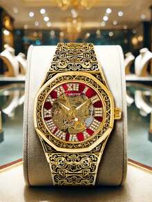 1 件男士复古雕刻钢带、镶嵌钻石、罗马数字、夜光、镂空自动机械腕表