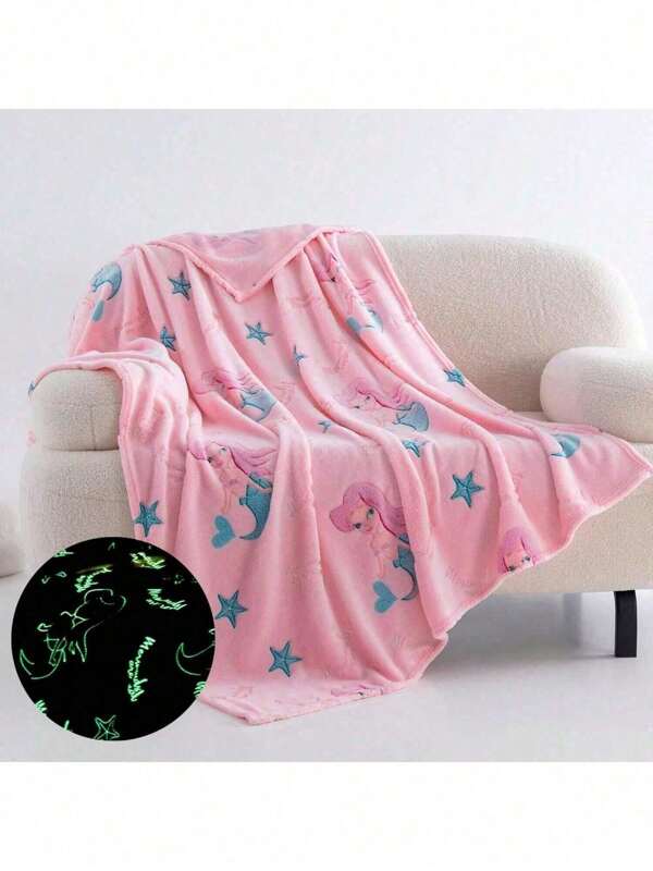 1 pieza Manta de felpa con estampado de sirena que brilla en la oscuridad, muestra tu gusto distintivo