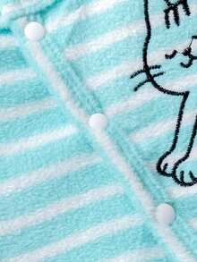 2pcs/Set Newborn Baby Girl Blue & White Striped Kitten Print Round Neck Button Down Long Sleeve Top And High Waist Leggings Outfit, Soft Fabric Comfortable For Daily Wear