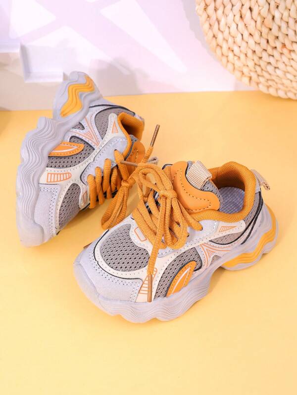 Retro Thick Sole Boys' Chunky Sneakers, Spring New Kids' Sports Shoes Breathable Casual Girls' Running Shoes, Student Campus Girls' Lace-Up Mesh Sneakers