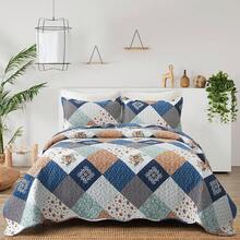 Floral Plaid Patchwork Quilt Set King Size, Reversible Brown Bedding Set Soft Microfiber Lightweight Bedspread Coverlet 3 Piece All - Season Use (104x90 Inches) - 藍色 - 查看 1
