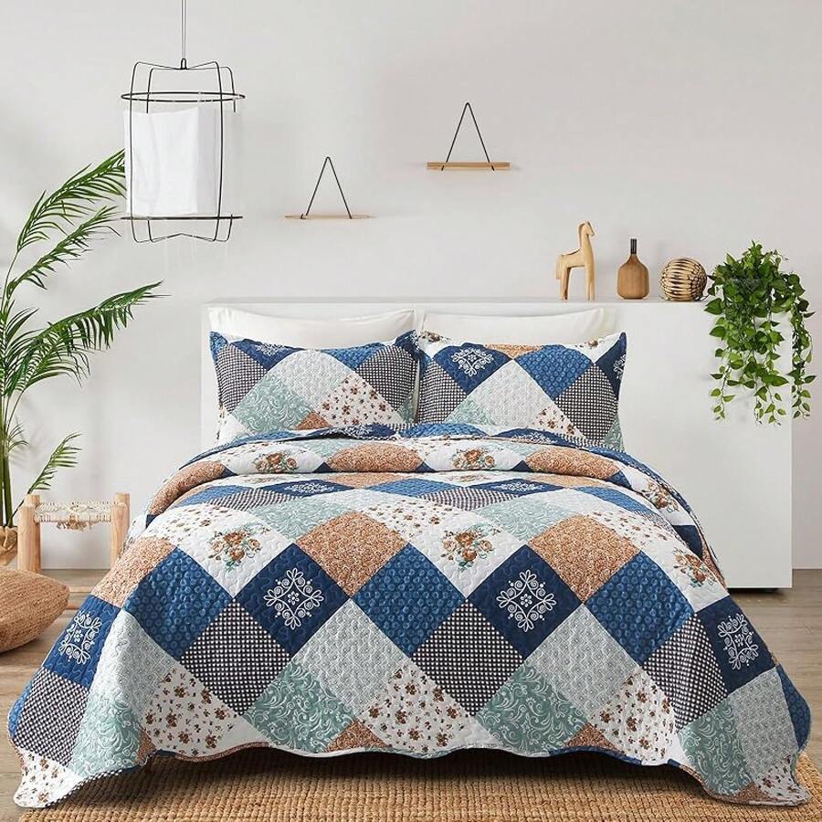 Floral Plaid Patchwork Quilt Set King Size, Reversible Brown Bedding Set Soft Microfiber Lightweight Bedspread Coverlet 3 Piece All - Season Use (104x90 Inches) - 藍色 - 查看 1