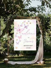 1pc - Personalized Birthday Party Poster, Customized Birthday Party Welcome Sign, Butterfly Pattern Birthday Party Unframed Poster, Customized Name And Date Canvas Poster, Birthday Party Welcome Poster, Minimalist Graduation Party Sign, Customized Text And Wall Art - Multicolor - View 3