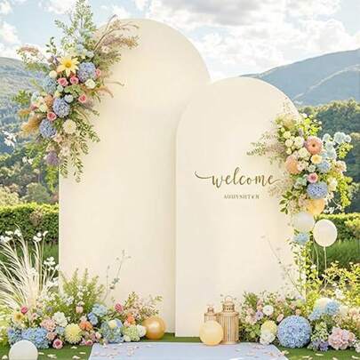 1pc Beige Wedding Arch Backdrop Cloth, Party Decoration Cover Set, 6in, 6.6ft, 7.2ft, Elastic Double-Sided Arch Frame Backdrop Cloth, Semi-Circular Top Wedding Arch Frame Backdrop Cover, For Wedding, Birthday Party, Graduation Ceremony, Banquet, Anniversary, Decoration, Party Banner, Pennant