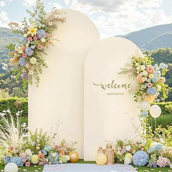 1 set ivoorkleurige bruiloftsboog achtergrondhoezen, 6 inch, 6,6 ft, 7,2 ft, rekbare dubbelzijdige boogframe achtergrond, halfronde bruiloftsboog achtergrondhoes, bruiloft verjaardagsfeest afstuderen evenement banket ceremonie decoratie, hangende banner vlaggen