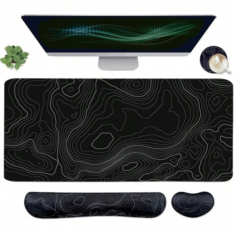 Alfombrilla de ratón grande para escritorio de papá, juego de 4 en 1 de almohadilla de muñeca para teclado y soporte de muñeca, alfombrilla de escritorio extendida impermeable para hogar, oficina, estudio y juegos - Mármol azul - Contorno topográfico - Ver 1
