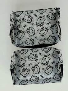 Sanrio 1pc Kitty Flocked & Mesh Portable Cosmetic Bag, Large Capacity Makeup Storage Pouch, Practical For Outdoor Use