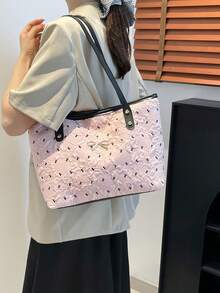 钻石纹纯色蝴蝶结装饰大容量休闲托特包，简约时尚手提包，2025新款 - 彩色 - 查看 2