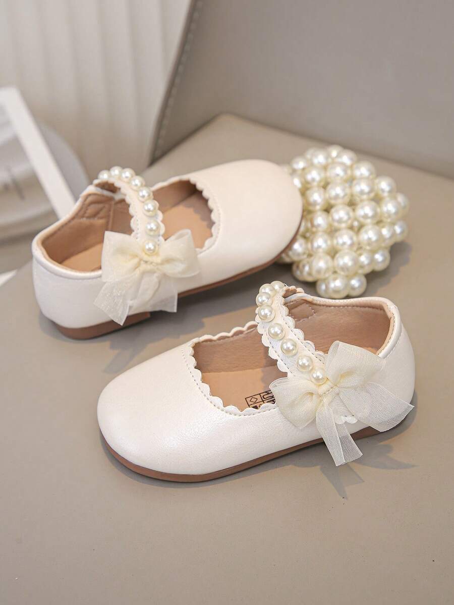 1 Pair Girls' New Fashion Elegant Minimalist Comfortable Pearl Lace Bow Decor Floral Trim Soft Flat Princess Shoes, Suitable For Dresses, Jeans, Home, Performance, Suitable For Spring, Summer, Autumn