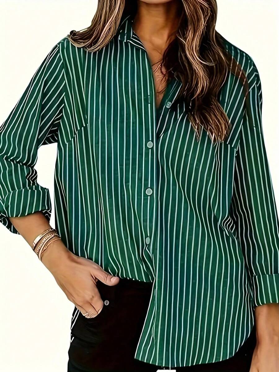 Camisa feminina casual de manga comprida listrada para uso diário