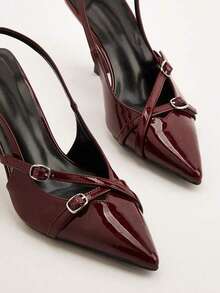 Sandali con punta a punta, tacco a spillo, fibbia in metallo bordeaux, senza schienale, versatili, eleganti, casual, comodi, adatti per lavoro, festa, aumentano l'altezza e snelliscono, sandali sexy con tacco alto