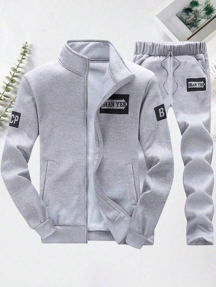 Teenager Grey Letter Print Decoration Ribbed Cuffs And Hem Stand Collar Zip Up Long Sleeve Top And Drawstring Waist Slim Fit Casual Trousers Outdoor Sportswear Set, Spring/Autumn - Light Grey - View 1