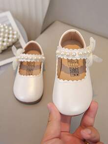 1 Pair Girls' New Fashion Elegant Minimalist Comfortable Pearl Lace Bow Decor Floral Trim Soft Flat Princess Shoes, Suitable For Dresses, Jeans, Home, Performance, Suitable For Spring, Summer, Autumn