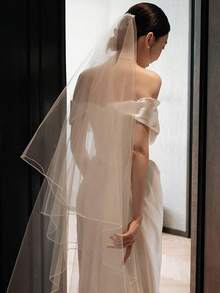 双层简约线条设计新娘头纱，带长拖尾，高端小众婚纱摄影配饰女士秋装 - 白色 - 查看 2