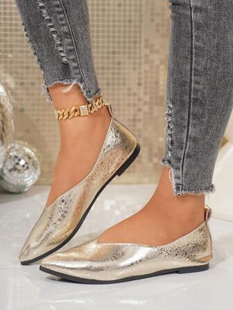 Elegant Pointed Toe Slip-On Flat Loafers, Women's Gold Color Casual Shoes, Spring/Summer New Arrival