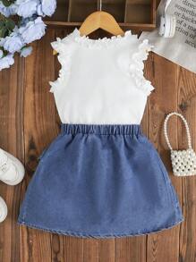 Girls' Summer Floral Trim Camisole Top + Skirt With Bow Ruffle Layered 2 Pieces Set, Girls' Casual Holiday Outfit