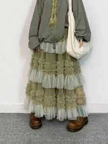 Stylish Layered Contrast Color Cake Skirt For Women, Sweet Fairy Mesh Tulle Skirt, Spring/Summer New Arrival - Green - View 2