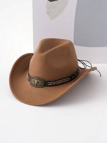 Um chapéu de cowboy retrô, adequado para homens e mulheres. Um chapéu clássico de aba larga, feito de feltro e poliéster, 100% neutro, equipado com acessórios de tira entrelaçada com fios de cabeça de touro, bordas rígidas reforçadas, perfeito para festas, dramatizações ou como presente. - Chapéu de cabeça de ovelha de corda de cânhamo - Ver 10
